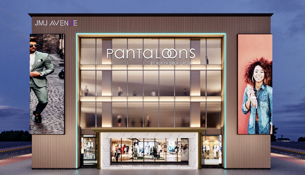 JMJ Avenue commercial hub for rent in Delhi NCR featuring a Pantaloons retail store and modern glass architecture.