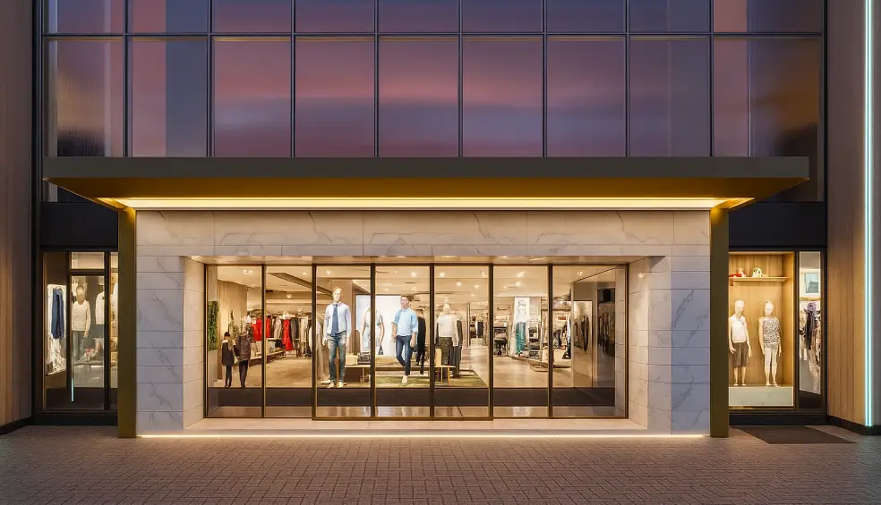 Modern retail space for rent in Delhi NCR commercial hub with glass storefront and marble facade.