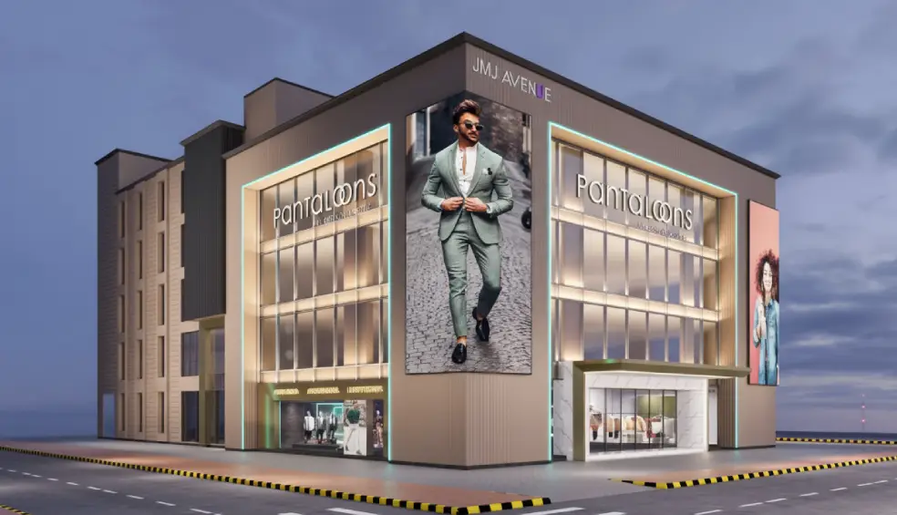 JMJ Avenue commercial hub for rent in Delhi NCR featuring modern retail storefronts and Pantaloons signage.