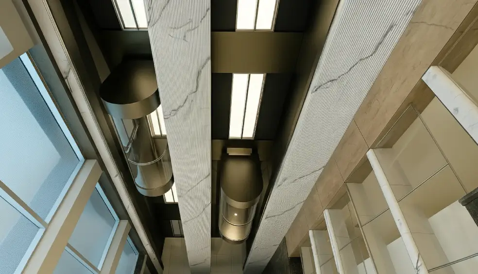 Modern capsule elevators in a premium commercial hub for rent in Delhi NCR.