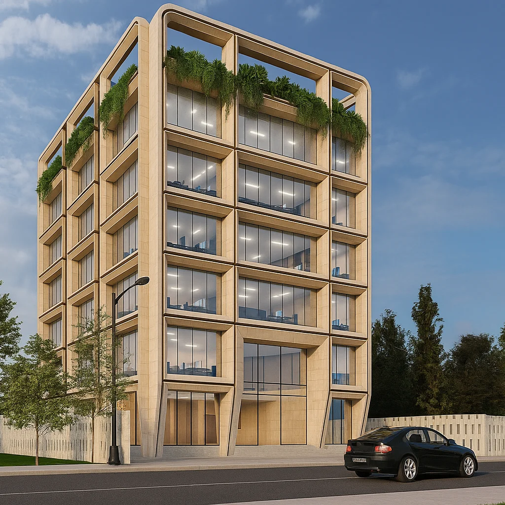 JMJ Estate modern commercial office building featuring a sustainable glass facade and rooftop greenery in India.