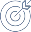 Blue line icon of a target with an arrow hitting the center bullseye.