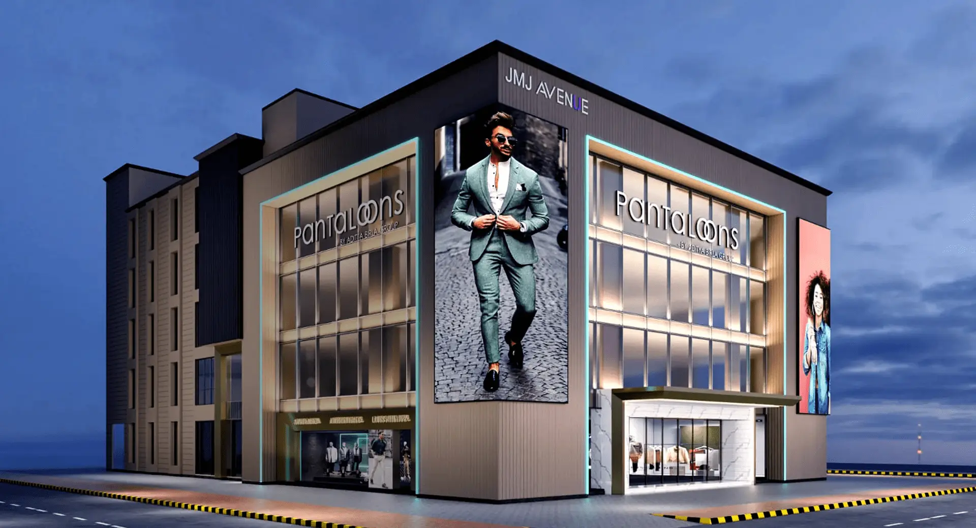 JMJ Avenue commercial building by JMJ Estate featuring Pantaloons retail store facade.