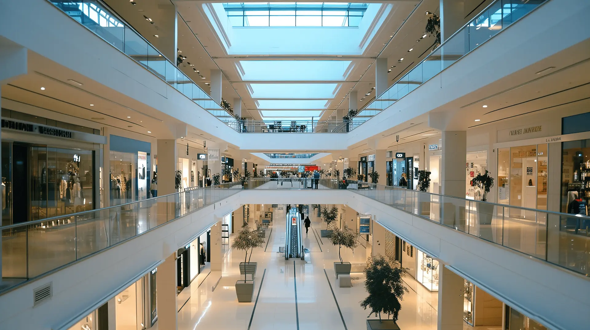Modern multi-level shopping mall interior by JMJ Estate, commercial real estate developer in India.