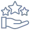 Outline icon of three stars above a hand, representing quality service and customer rating feedback.