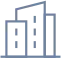 Minimalist blue line art icon of three office buildings or skyscrapers.