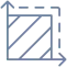 Hatched square icon with dimension arrows and dashed lines representing scaling or area measurement.