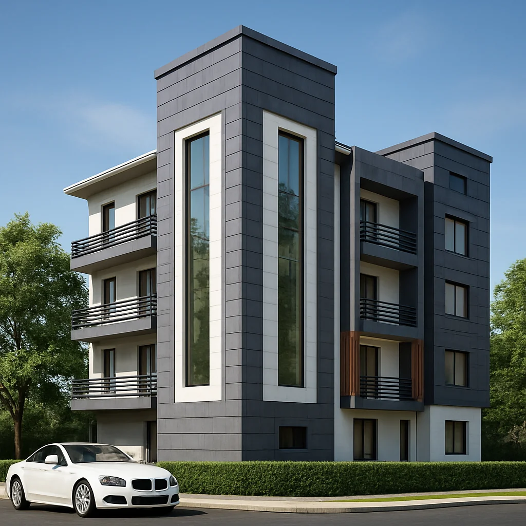 JMJ Estate modern commercial building development in India with grey panels and contemporary architectural design.