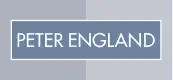 Peter England brand logo with white text on a blue background.